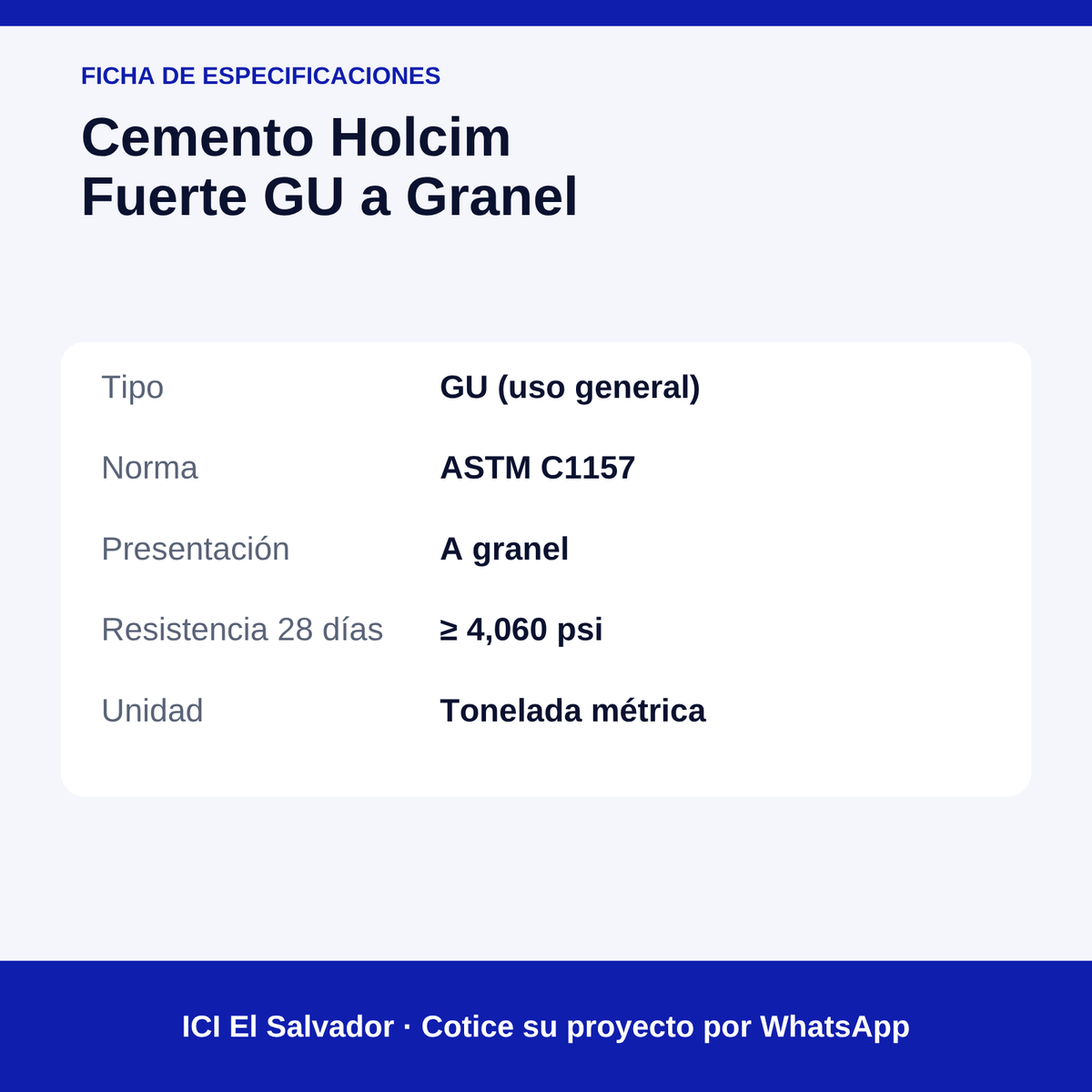 Cemento Holcim Fuerte GU a granel — tarjeta de especificaciones