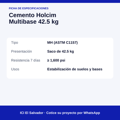Cemento Holcim Multibase MH 42.5 kg — tarjeta de especificaciones
