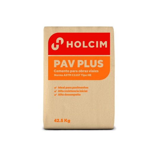 Cemento Holcim Pav Plus HE 42.5 kg — saco sobre fondo blanco