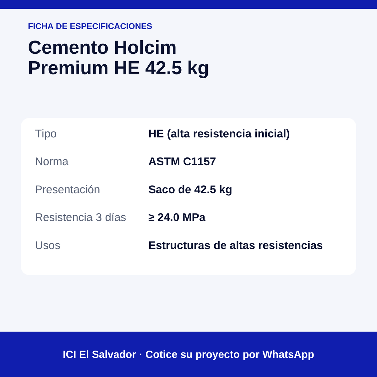 Cemento Holcim Premium HE 42.5 kg — tarjeta de especificaciones