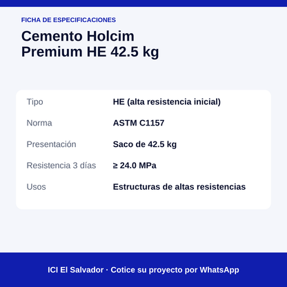Cemento Holcim Premium HE 42.5 kg — tarjeta de especificaciones
