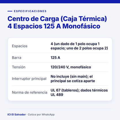Centro de carga 4 espacios 125 A — tarjeta de especificaciones