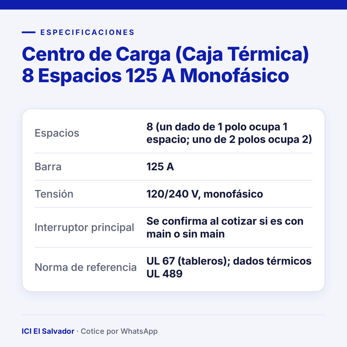 Centro de carga 8 espacios 125 A — tarjeta de especificaciones