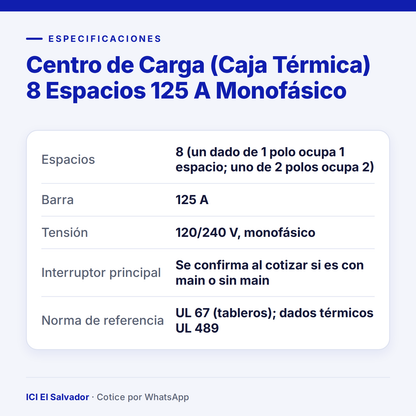 Centro de carga 8 espacios 125 A — tarjeta de especificaciones