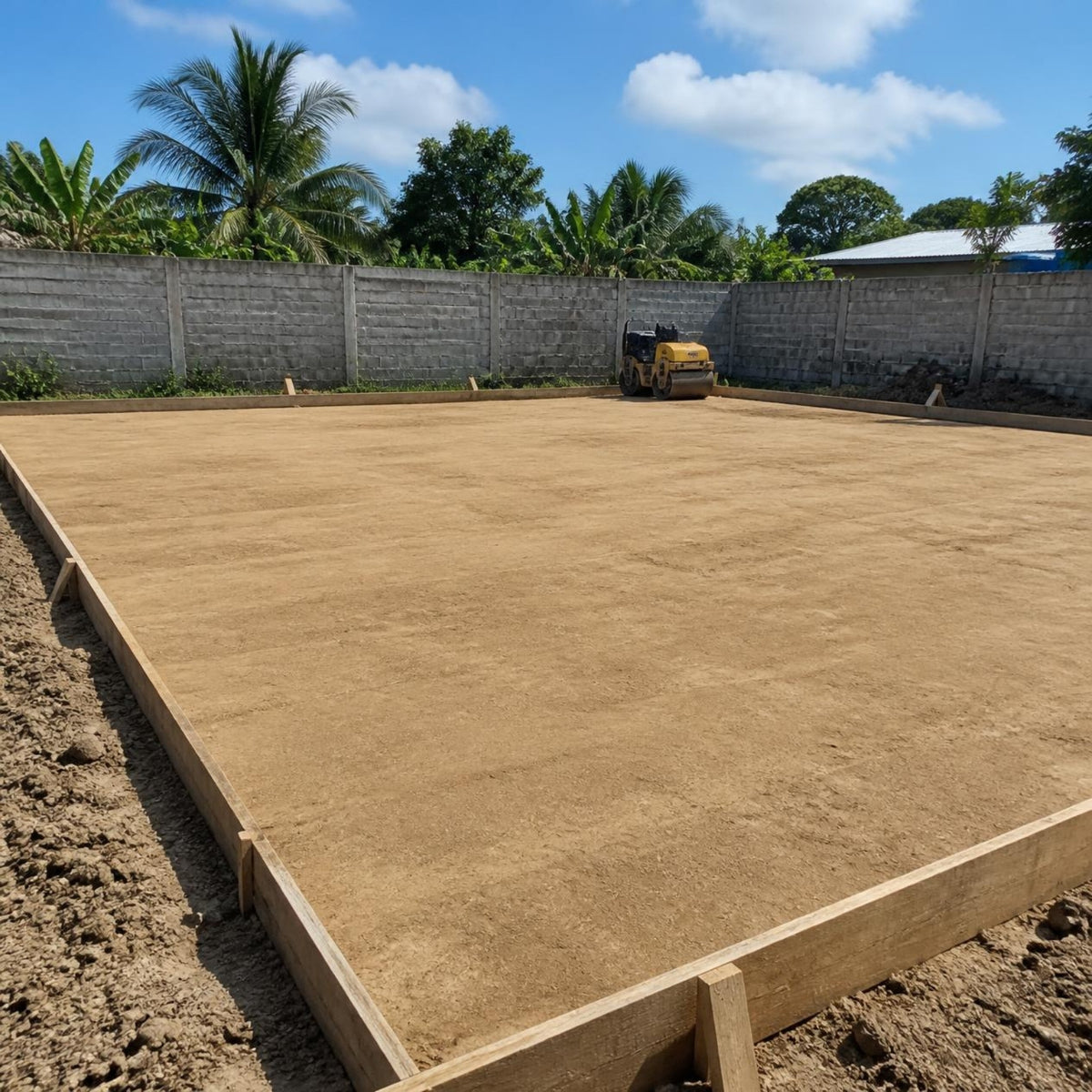 Obra típica en El Salvador donde se emplea chispa: terreno nivelado y compactado como base para una losa de piso