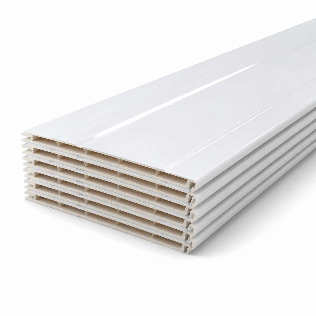 Panel de Cielo Falso PVC Blanco 25 cm x 6 m — paneles de PVC blancos apilados sobre fondo blanco
