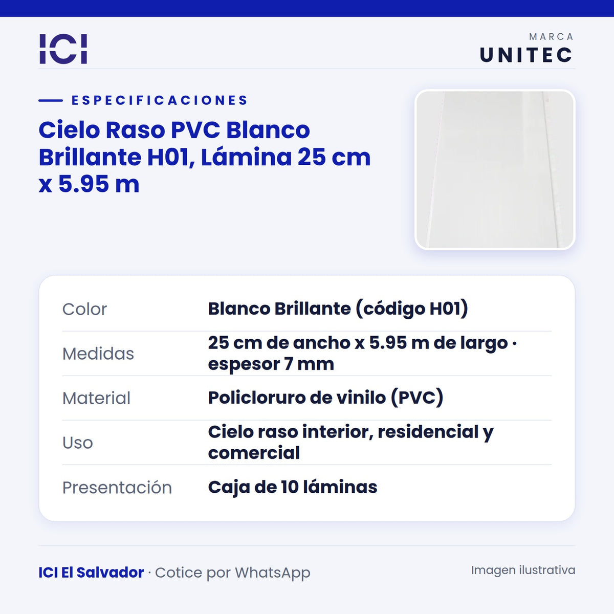 Ficha de especificaciones de Cielo Raso PVC Blanco Brillante H01