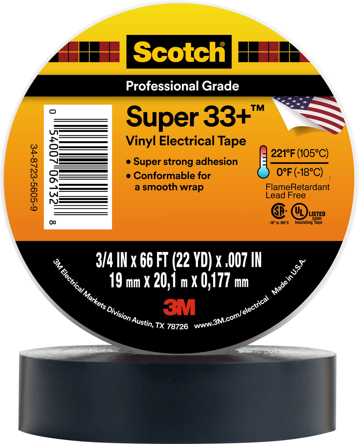Cinta Aislante Scotch Super 33+ 3/4" x 66 ft Negra