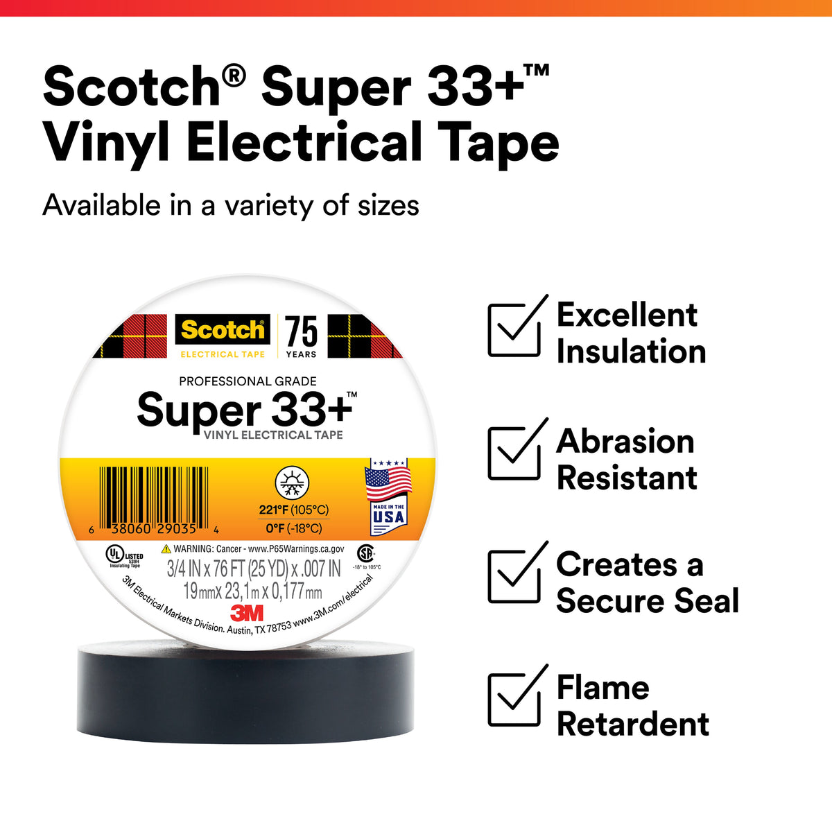 Cinta Aislante Scotch Super 33+ 3/4" x 66 ft Negra