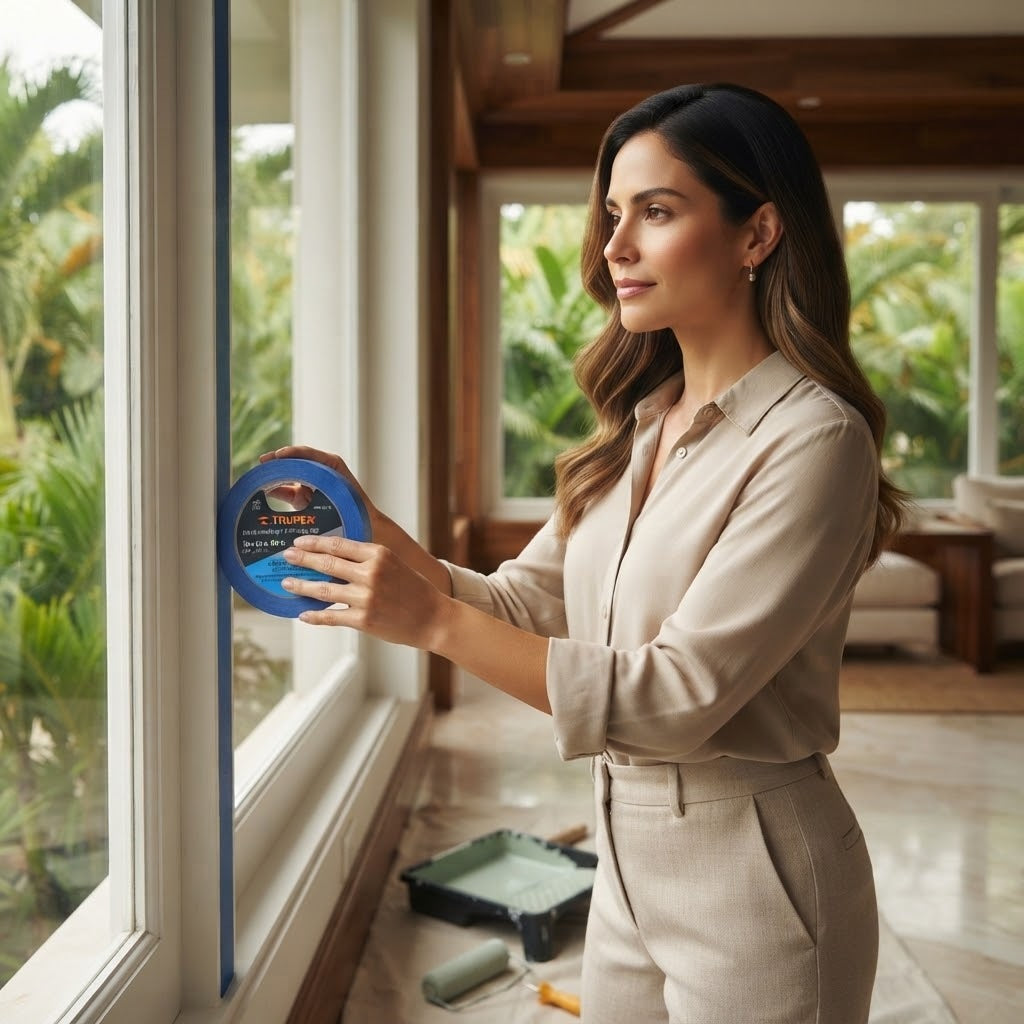 Imagen ilustrativa de uso: una diseñadora de interiores cubre el marco de una ventana con cinta masking azul antes de pintar