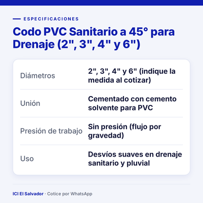 Codo PVC sanitario 45° para drenaje — tarjeta de especificaciones