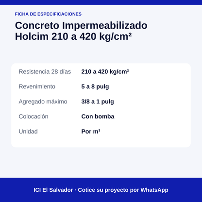Concreto impermeabilizado Holcim 210 a 420 kg/cm² — tarjeta de especificaciones