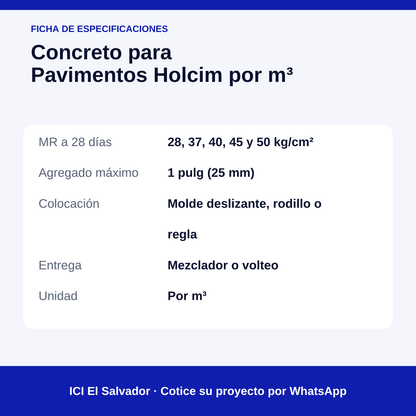 Concreto para pavimentos Holcim MR 28 a 50 kg/cm² — tarjeta de especificaciones