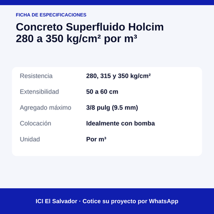 Concreto superfluido Holcim 280 a 350 kg/cm² — tarjeta de especificaciones