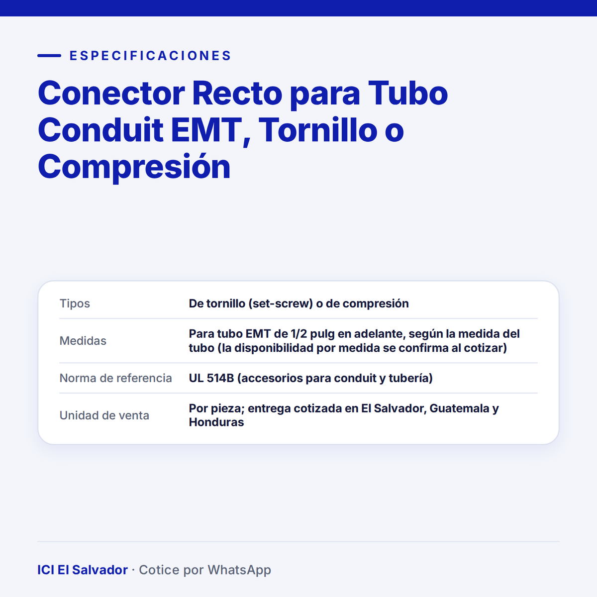 Conector recto para tubo conduit EMT — tarjeta de especificaciones