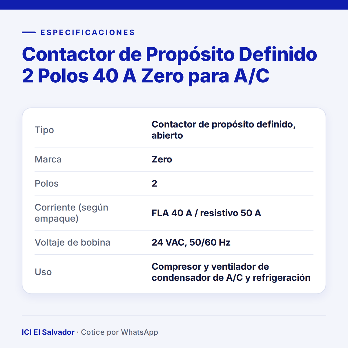 Ficha de especificaciones: contactor Zero 2 polos 40 A