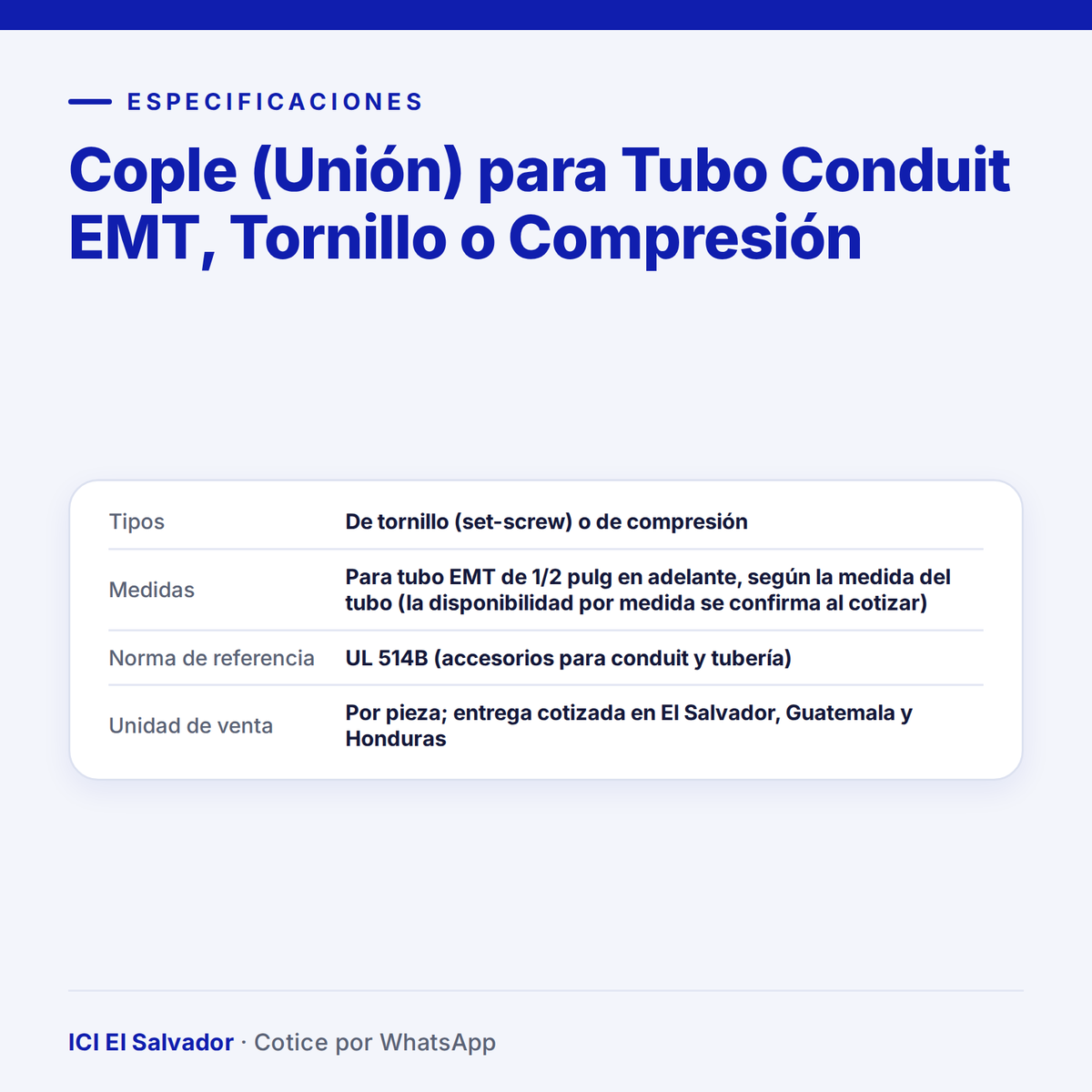 Cople (unión) para tubo conduit EMT — tarjeta de especificaciones