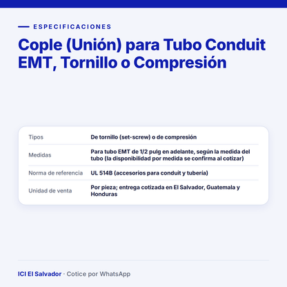 Cople (unión) para tubo conduit EMT — tarjeta de especificaciones