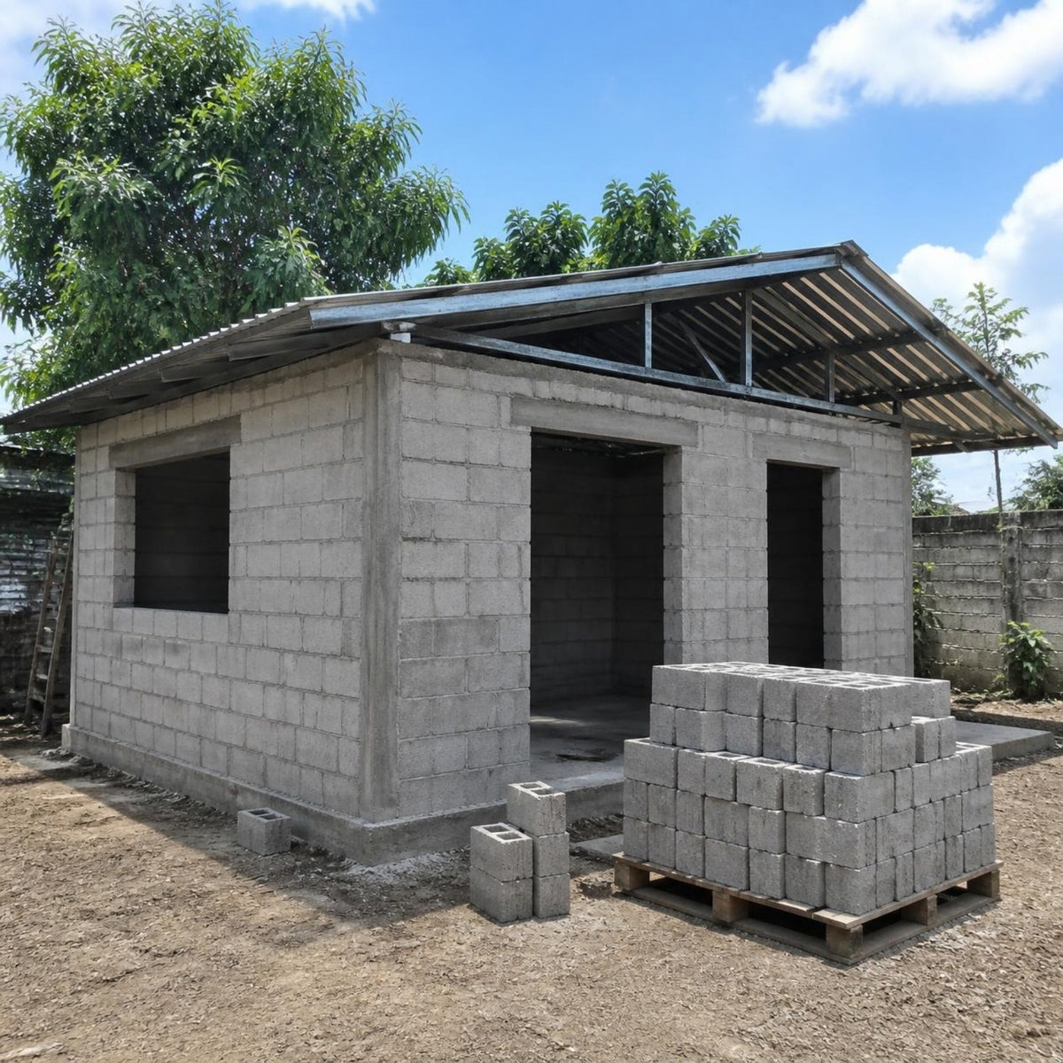 Dado de concreto 10x20x20 cm — huecos de puertas y ventanas terminados con bloques en una vivienda