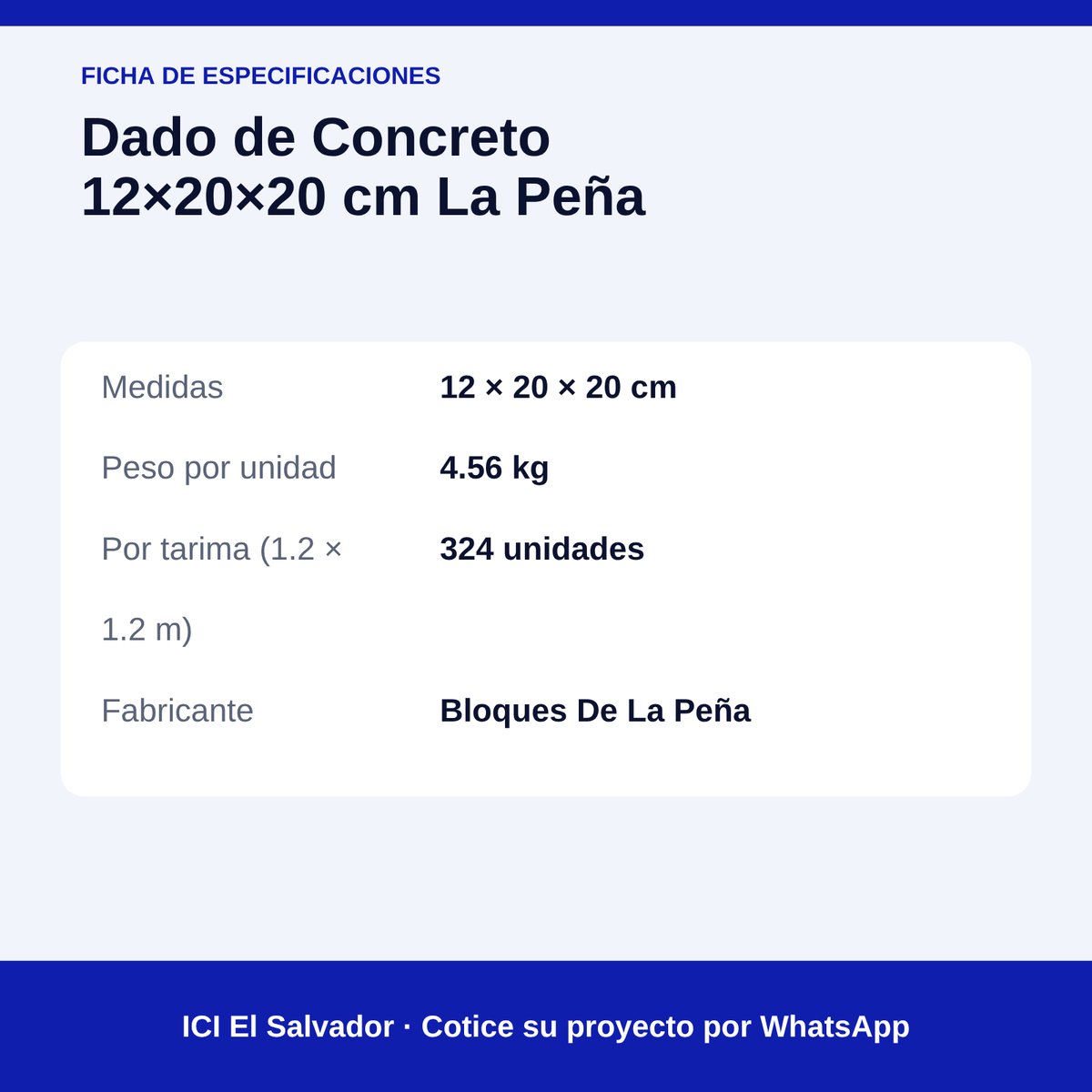 Dado de concreto 12x20x20 cm — tarjeta con medidas, peso y unidades por tarima