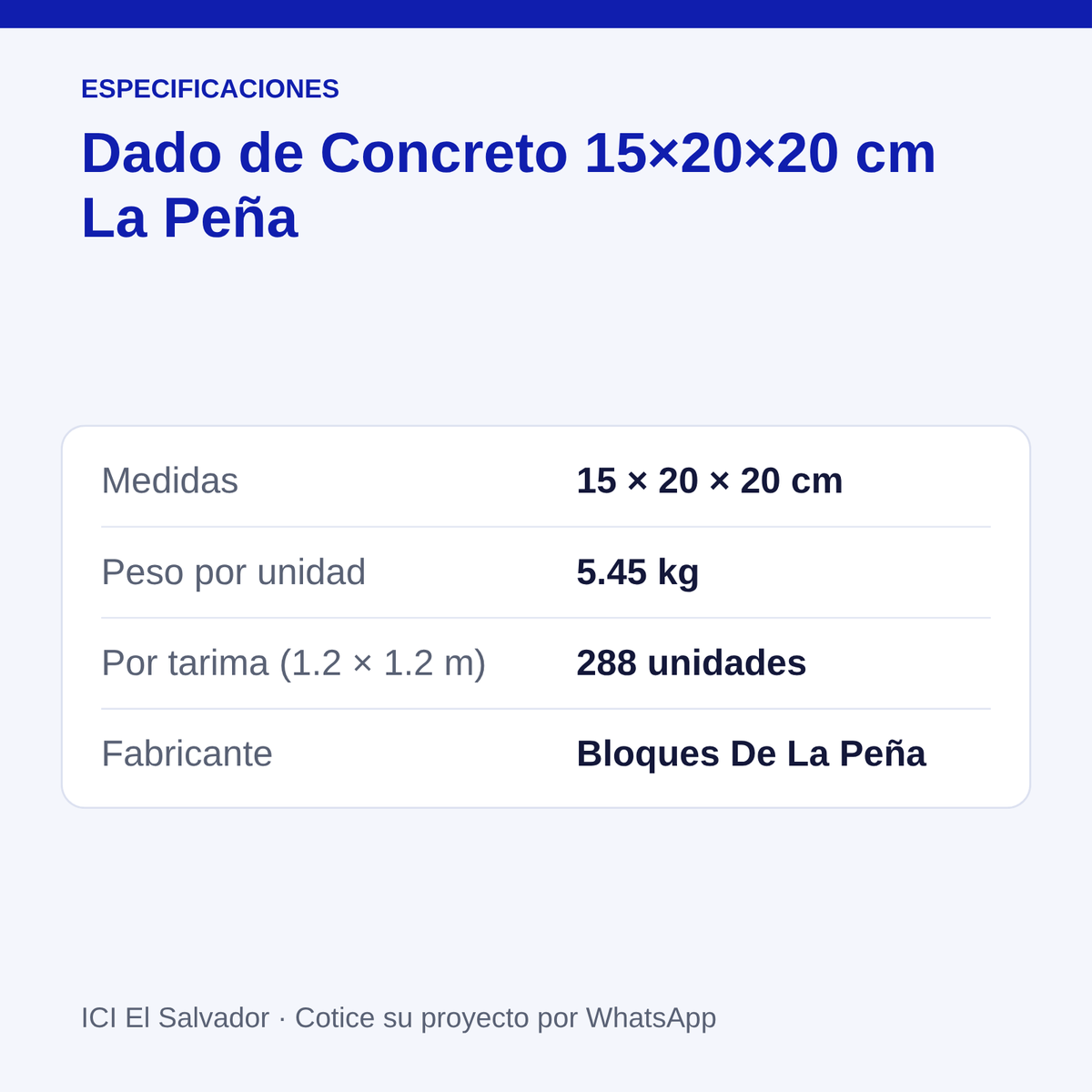 Dado de concreto 15x20x20 cm — tarjeta con medidas, peso y unidades por tarima