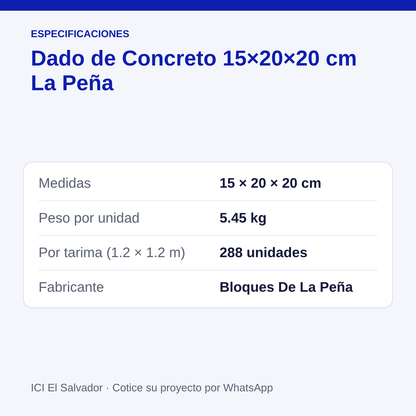 Dado de concreto 15x20x20 cm — tarjeta con medidas, peso y unidades por tarima