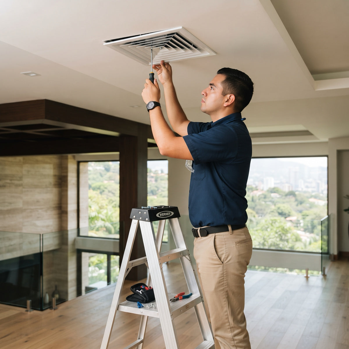 Instalación típica: técnico colocando difusor de 4 vías en el cielo falso