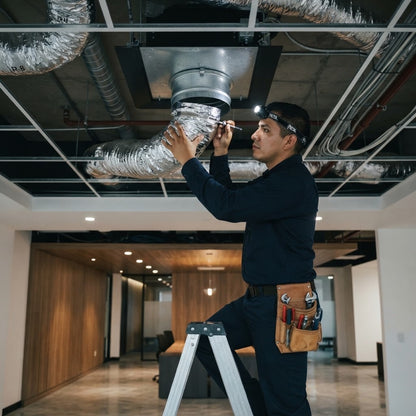 Instalación típica: técnico asegurando un ducto flexible a un collarín