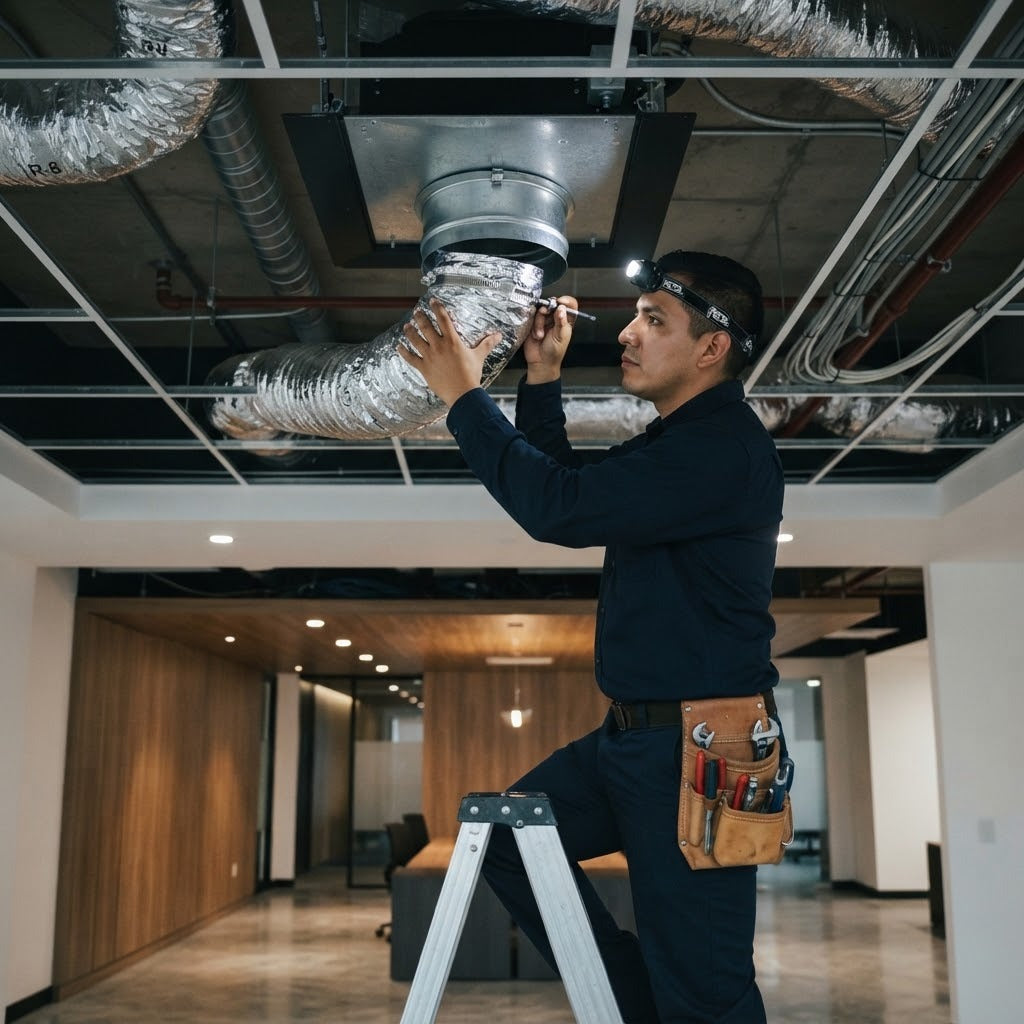 Instalación típica: técnico asegurando un ducto flexible a un collarín