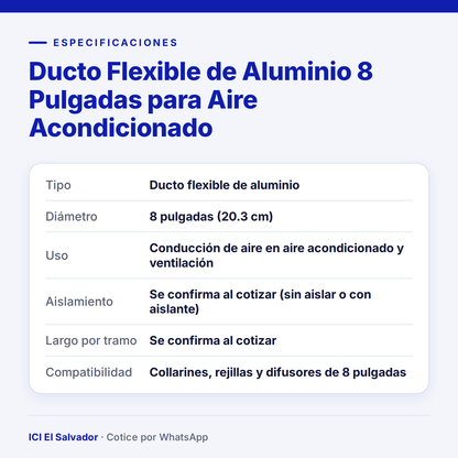 Ficha de especificaciones: ducto flexible de 8 pulgadas