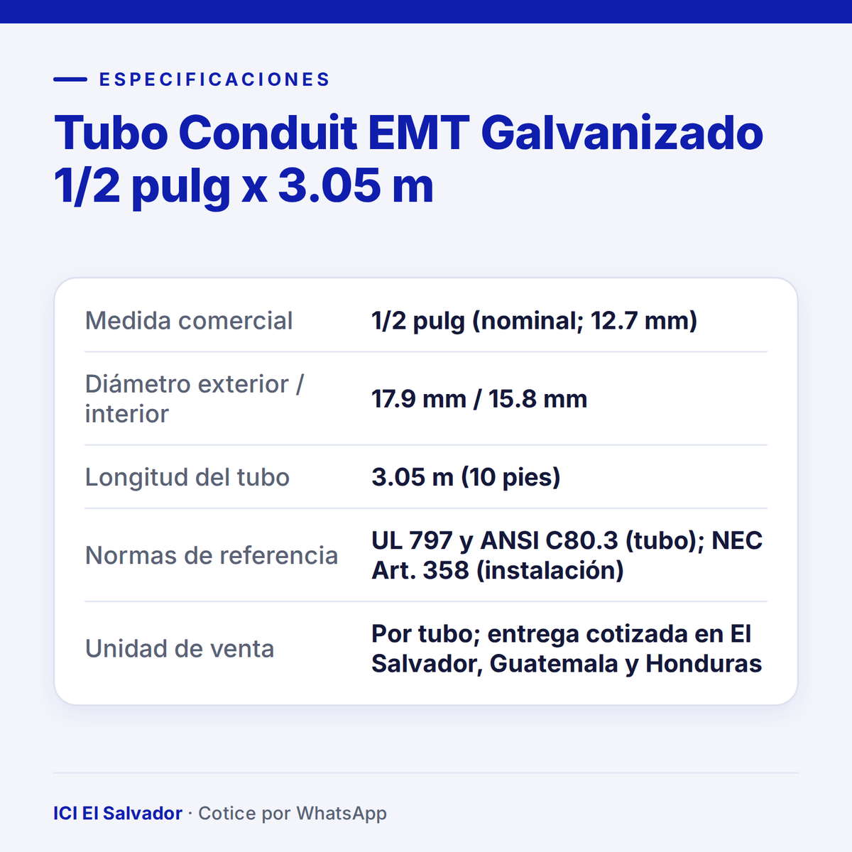 Tubo conduit EMT galvanizado 1/2 pulg — tarjeta de especificaciones