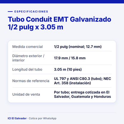 Tubo conduit EMT galvanizado 1/2 pulg — tarjeta de especificaciones