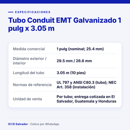 Tubo conduit EMT galvanizado 1 pulg — tarjeta de especificaciones