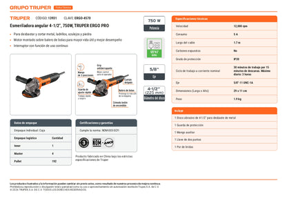 Esmeriladora angular de 750 W y con interruptor de uso continuo
