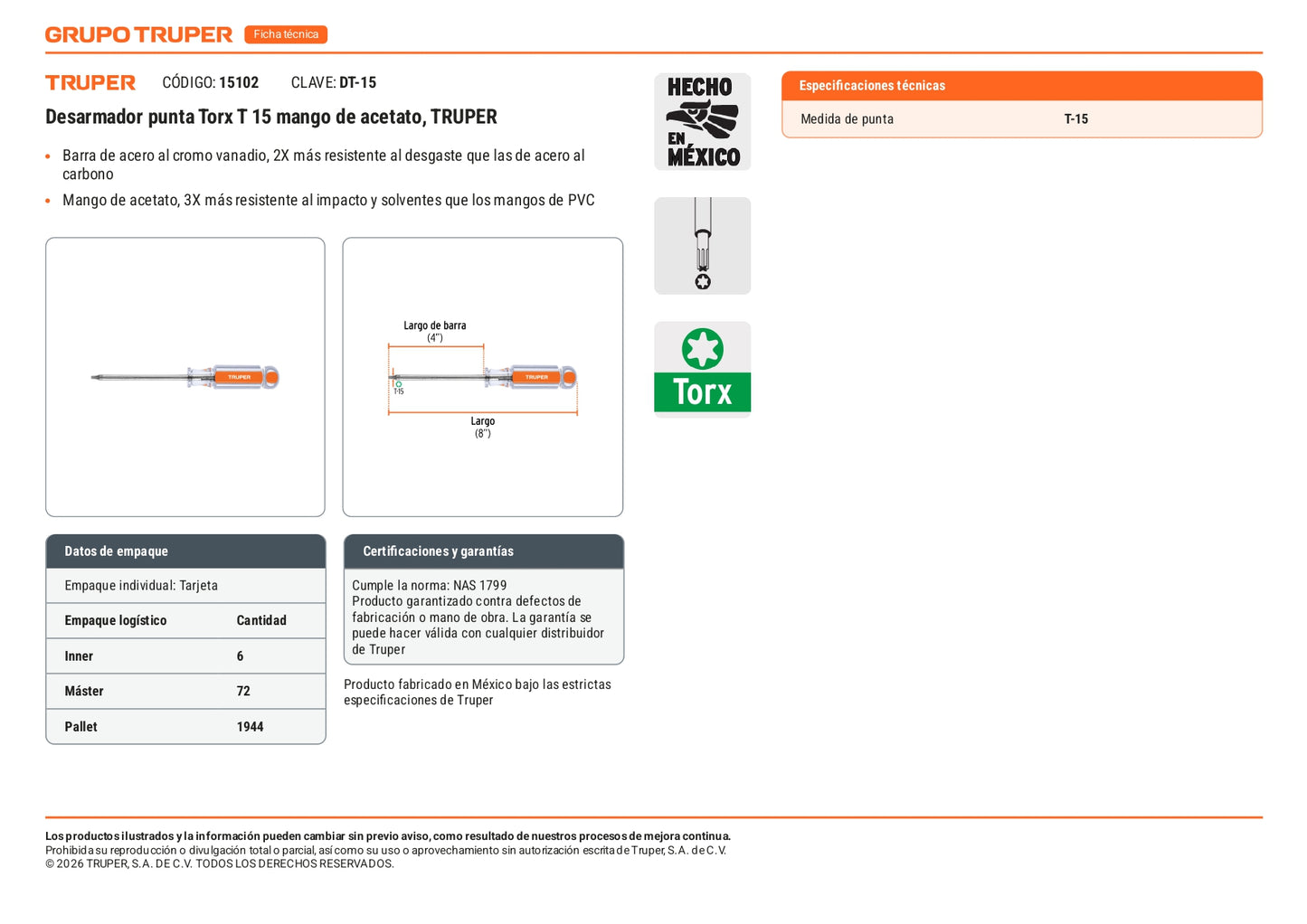 Desarmador Punta Torx T15 Mango Acetato