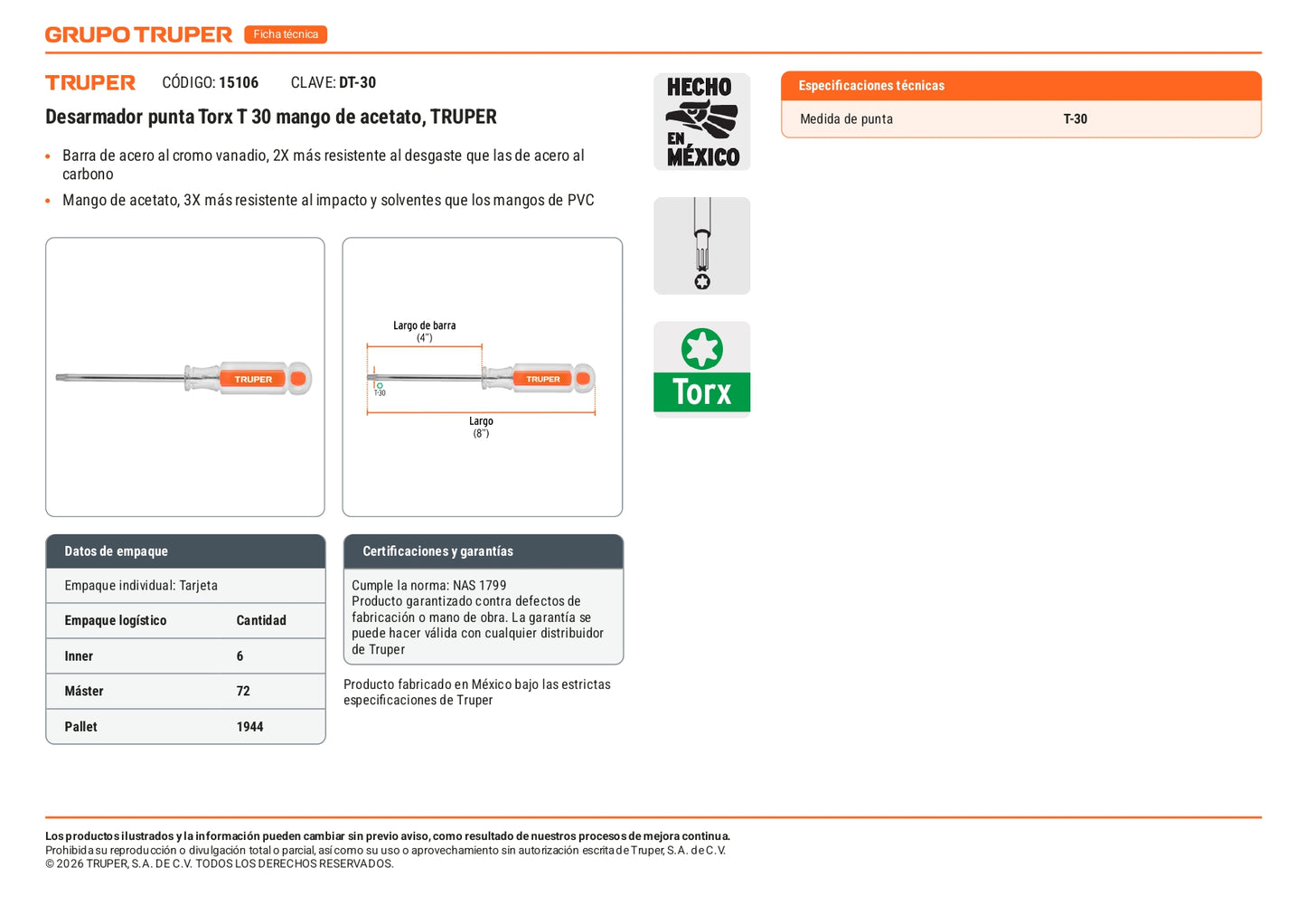 Desarmador Punta Torx T30 Mango Acetato