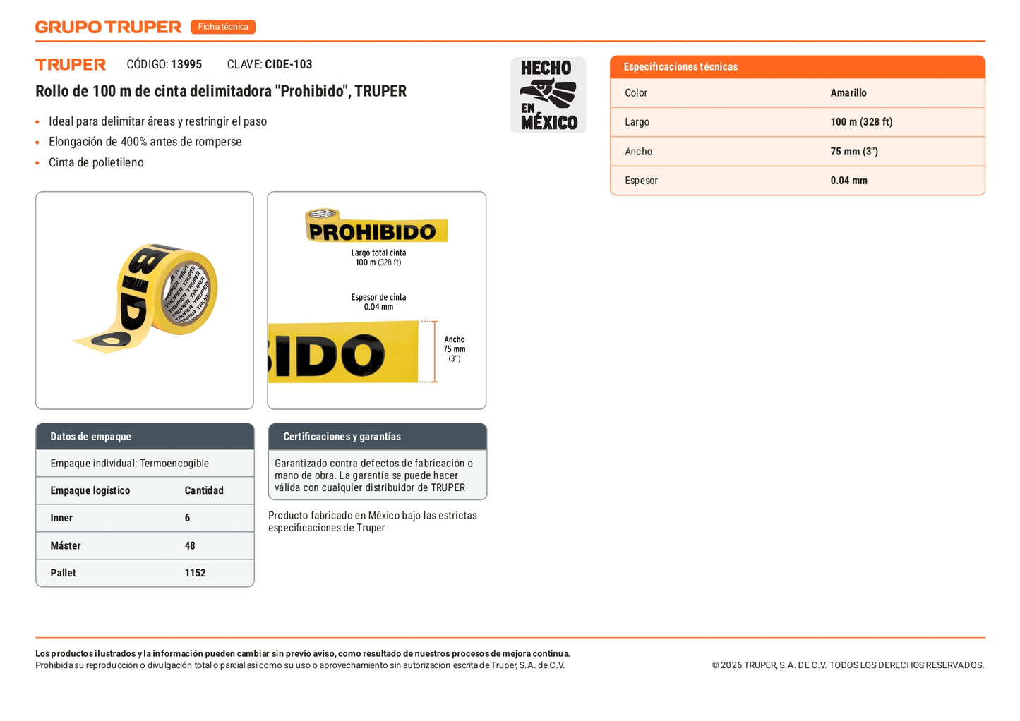 Cinta delimitadora 100 m color amarillo
