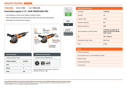 Esmeriladora angular de 950 W y  con interruptor de uso continuo