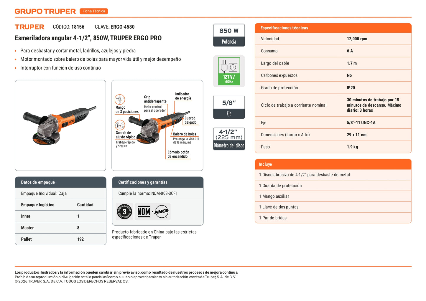 Esmeriladora angular de 950 W y  con interruptor de uso continuo