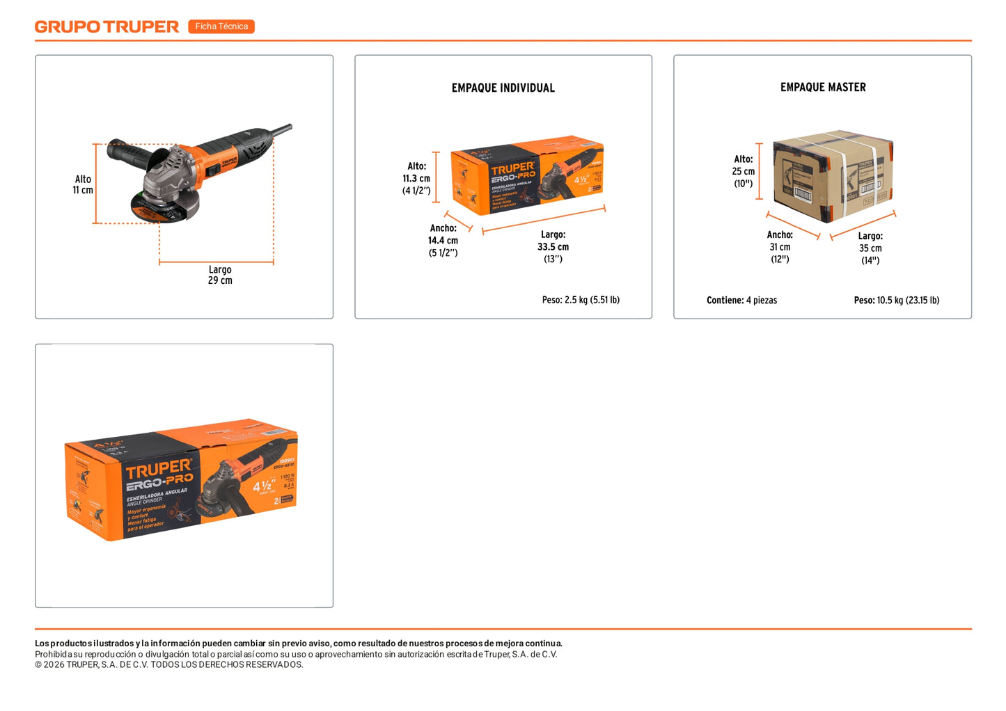 Esmeriladora angular de 1100 W y con interruptor de uso continuo