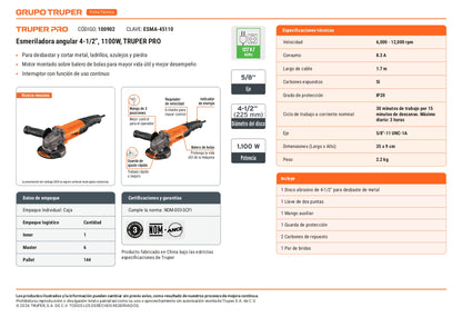 Esmeriladora angular de 1100 W ycon velocidad variable y uso continuo