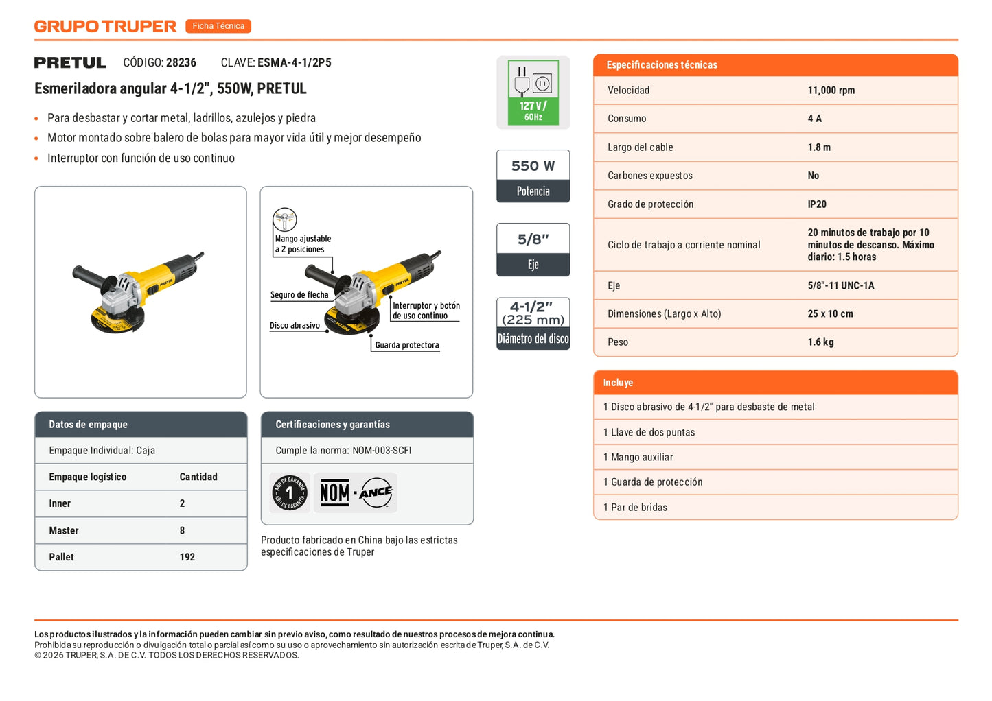 Esmeriladora angular de 700 W y con interruptor de uso continuo