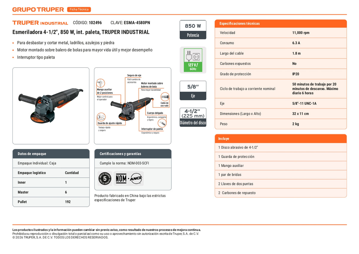 Esmeriladora angular de 850 W y con interruptor tipo paleta
