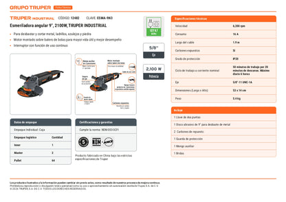 Esmeriladora angular de 2100 W y disco de 9 pulgadas con interruptor de uso continuo
