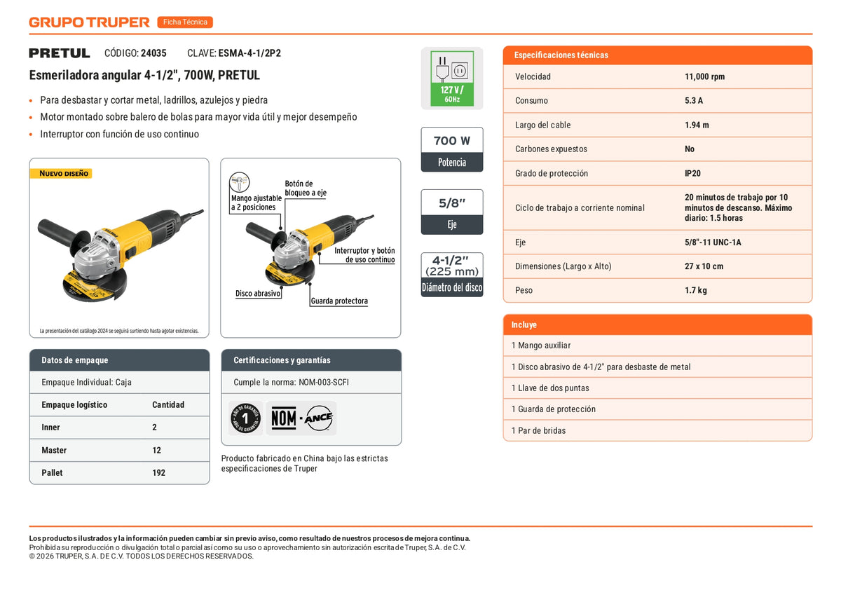 Esmeriladora angular de 700 W y con interruptor de uso continuo