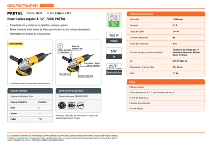 Esmeriladora angular de 700 W y con interruptor de uso continuo