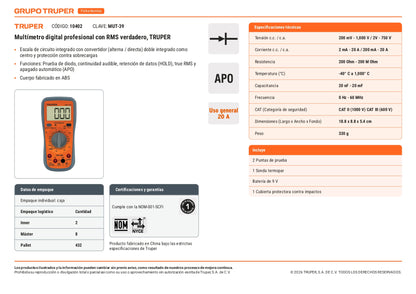 Multímetro digital profesional con RMS verdadero