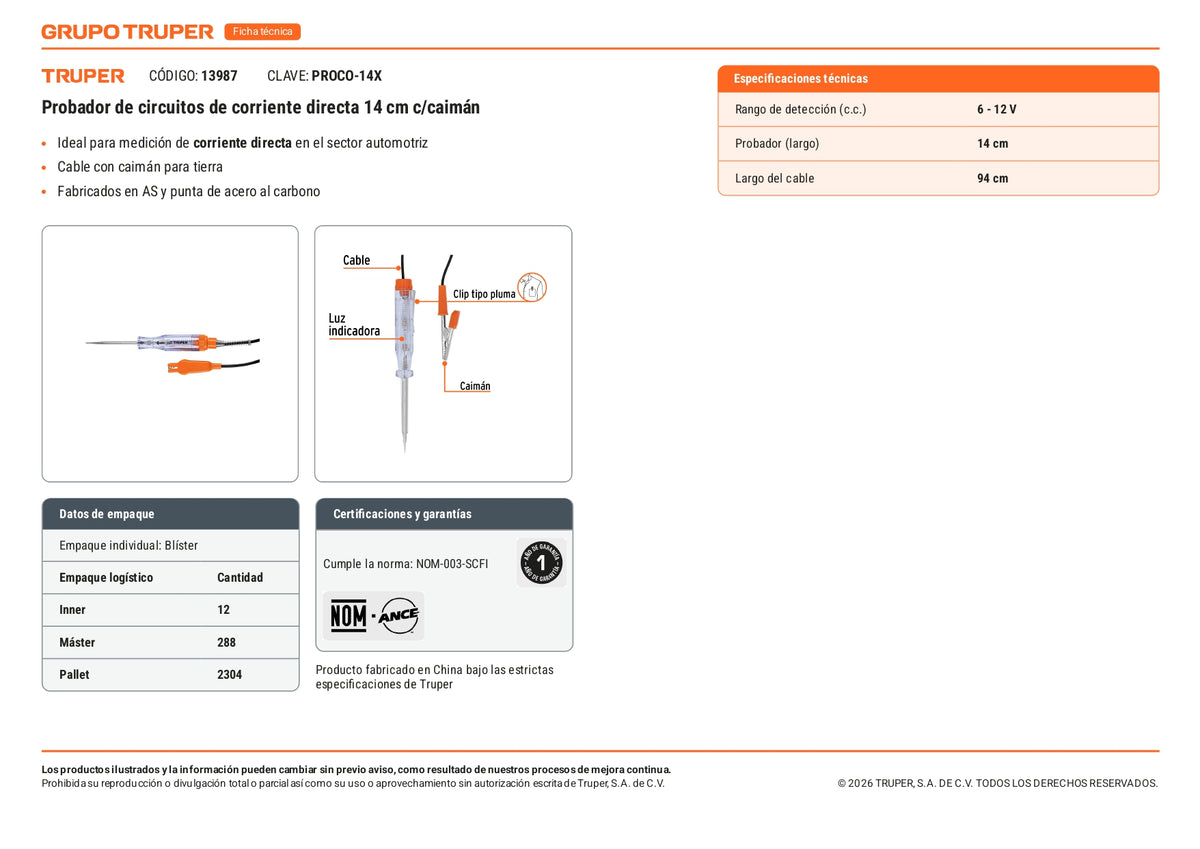 Probador de circuitos directa 14 cm caimán