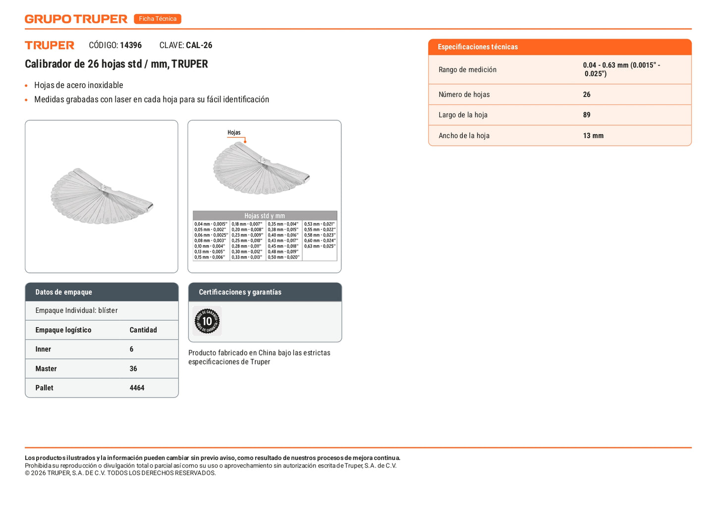 Calibrador de 26 hojas std / mm