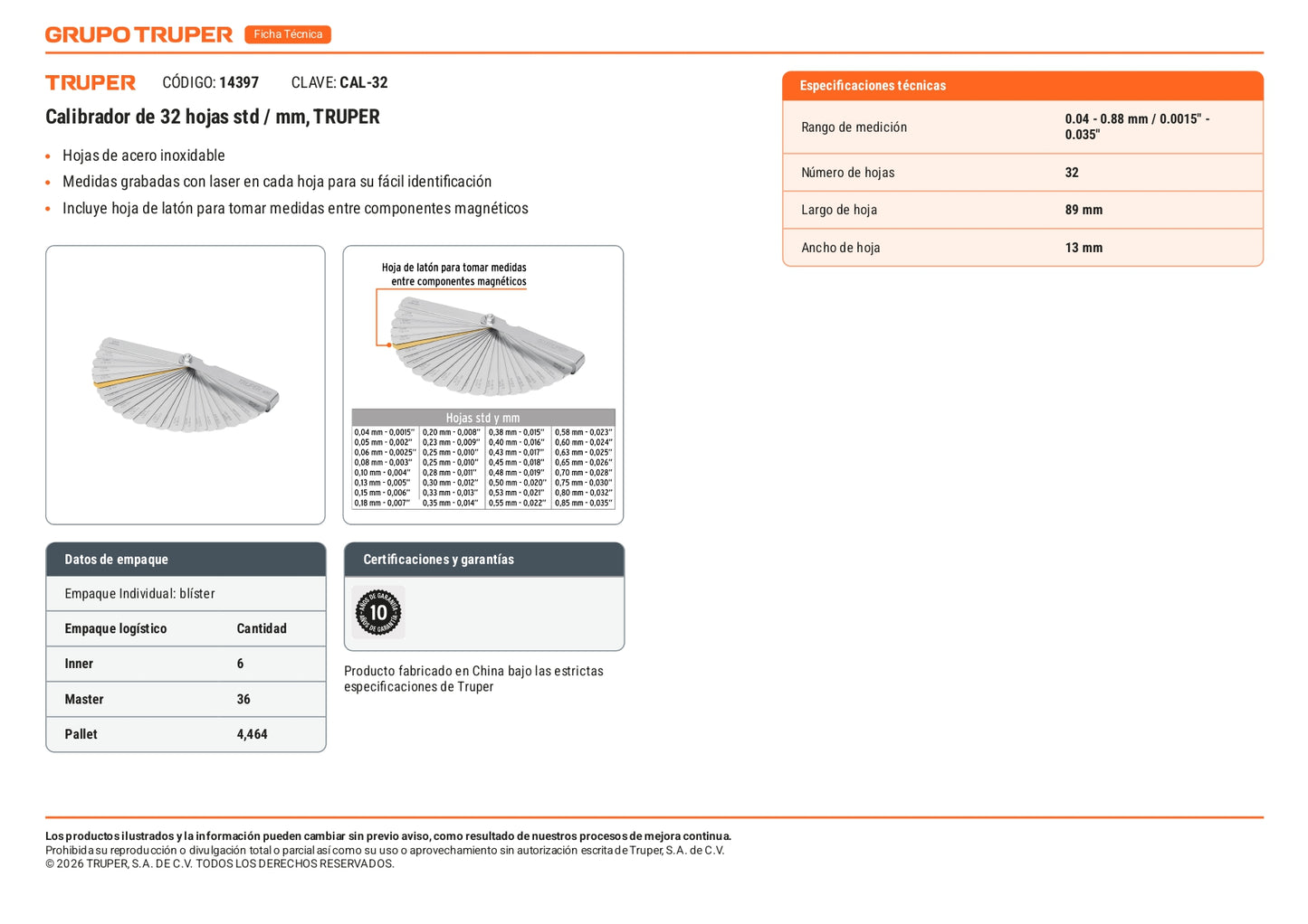 Calibrador de 32 hojas std / mm